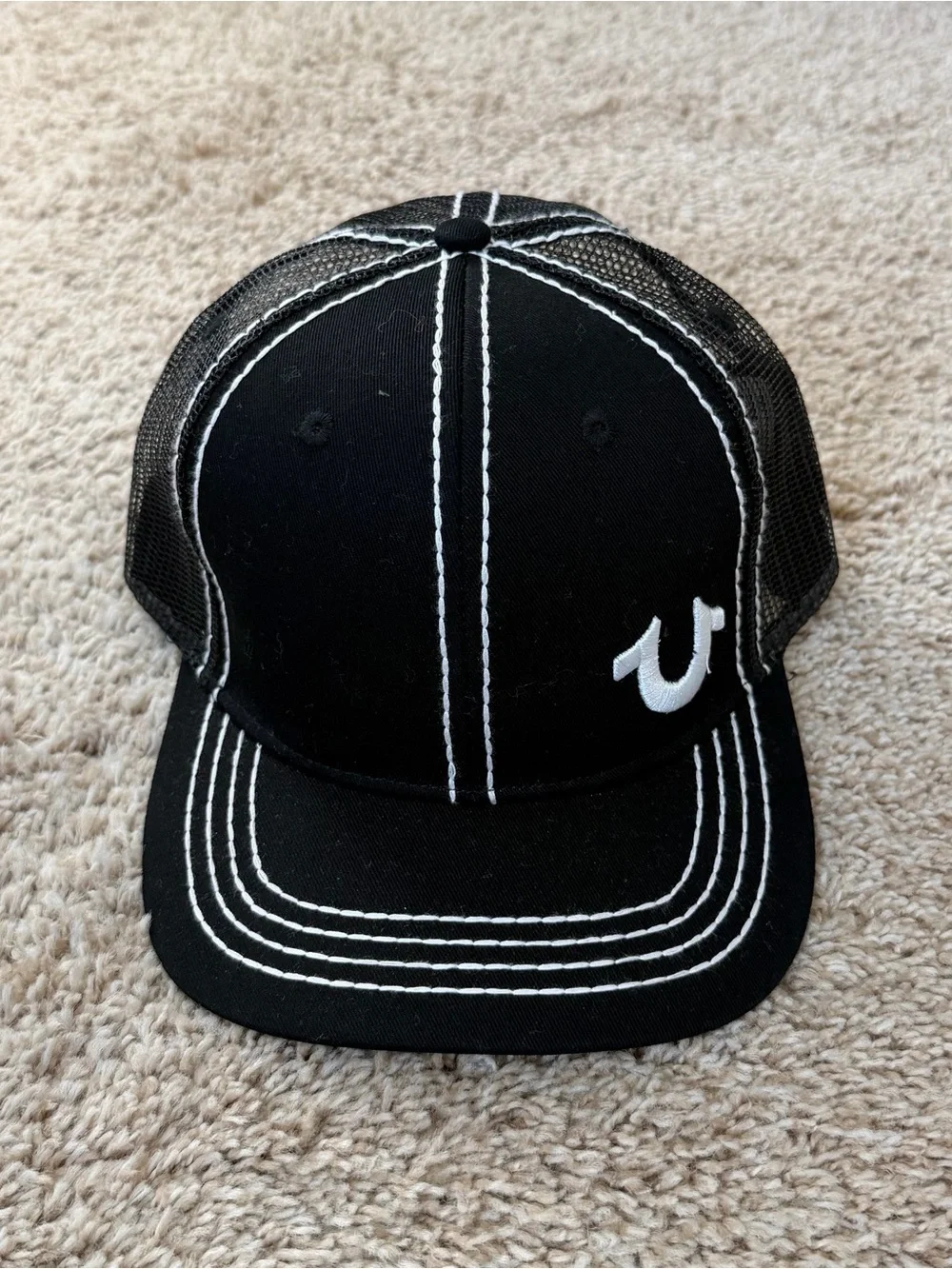 True Religion Black Trucker Cap with White Stitching